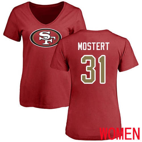 San Francisco 49ers Red Women Raheem Mostert Name and Number Logo #31 NFL T Shirt->women nfl jersey->Women Jersey